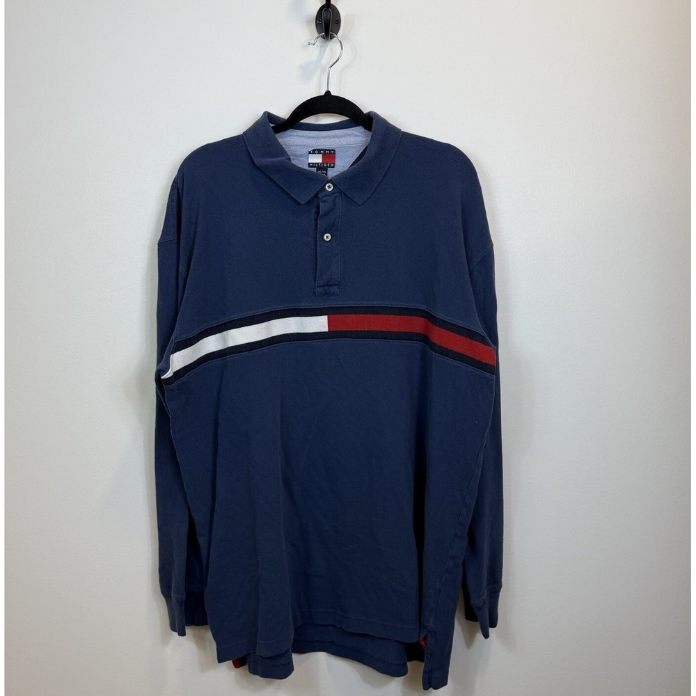 Tommy Hilfiger Men's Rugby Shirt XXL Navy Blue Red Striped Polo Heavy Cotton EUC